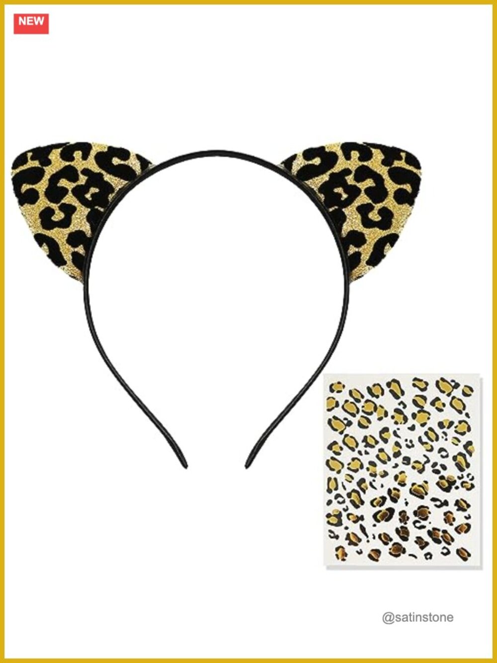 Glitter Cheetah Ears Headband & Gold Leopard Temporary Tattoo Set Costume